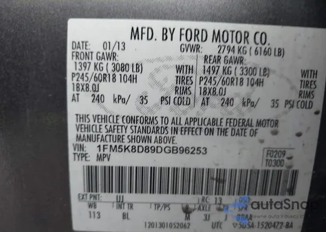 2013 Ford Explorer Xlt из США, поврежденный, VIN 1FM5K8D89DGB96253